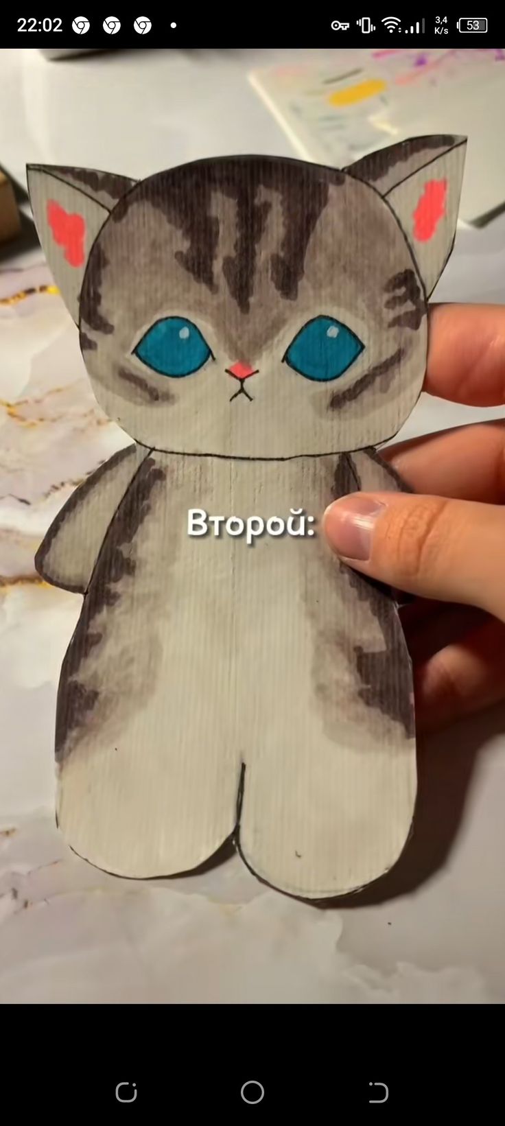 someone holding up a cut out of a cat