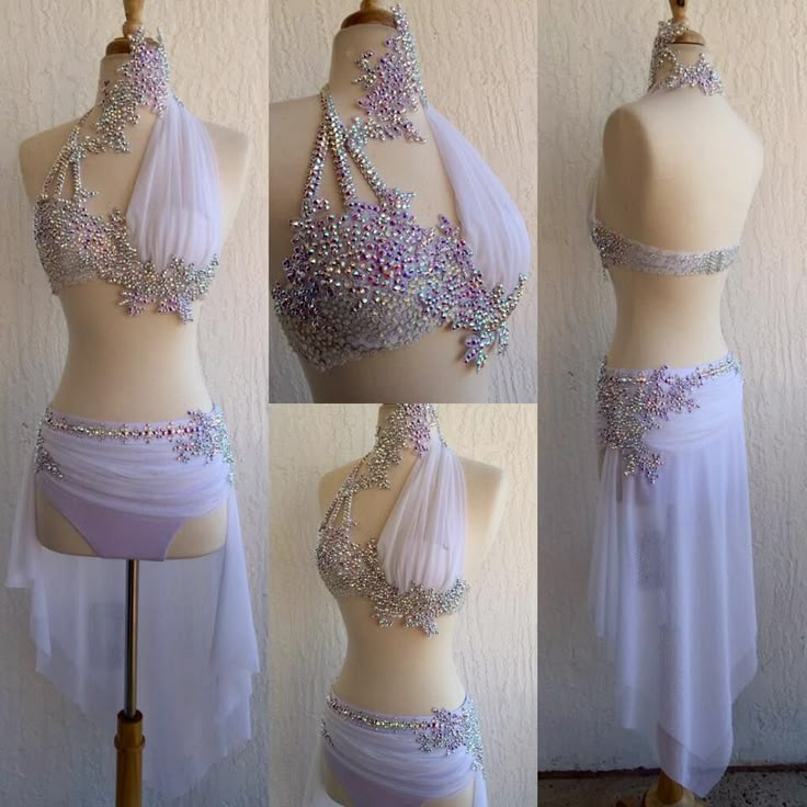 four different views of a woman's belly dance costume, including the top and bottom