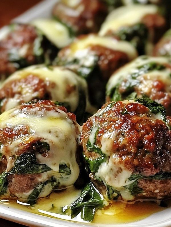 meatballs covered in cheese and spinach on a plate