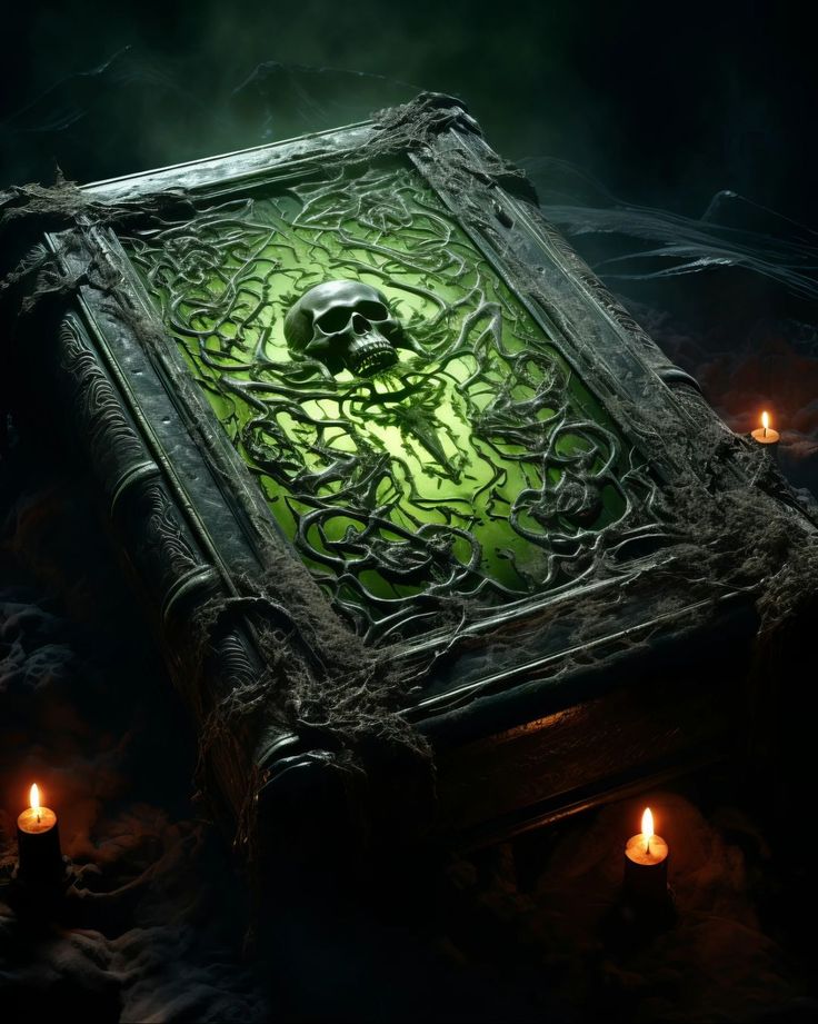 an old book with a skull on it surrounded by candles in the dark, glowing