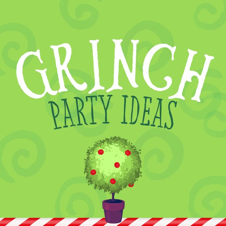 a green poster with the words grin party ideas and a potted tree in front of it