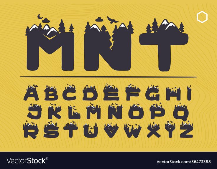 a set of letters and numbers in the form of mountains with trees on them,