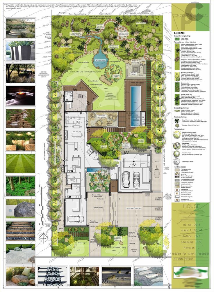 a plan for a garden with lots of green plants and water features in the center