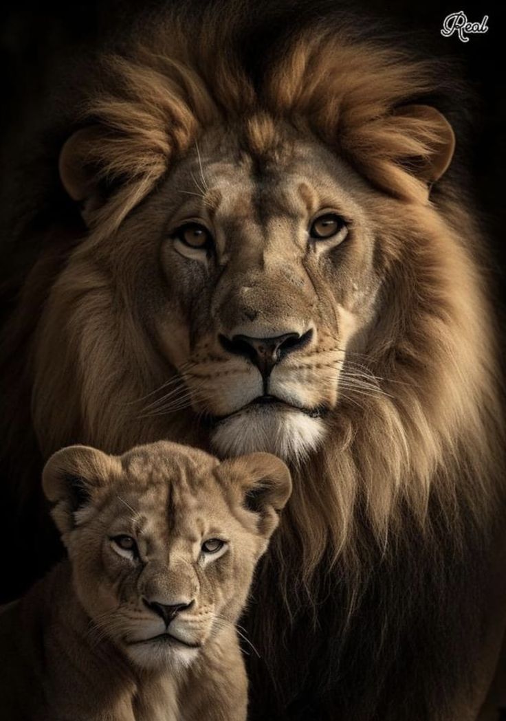 two lions standing next to each other on a black background