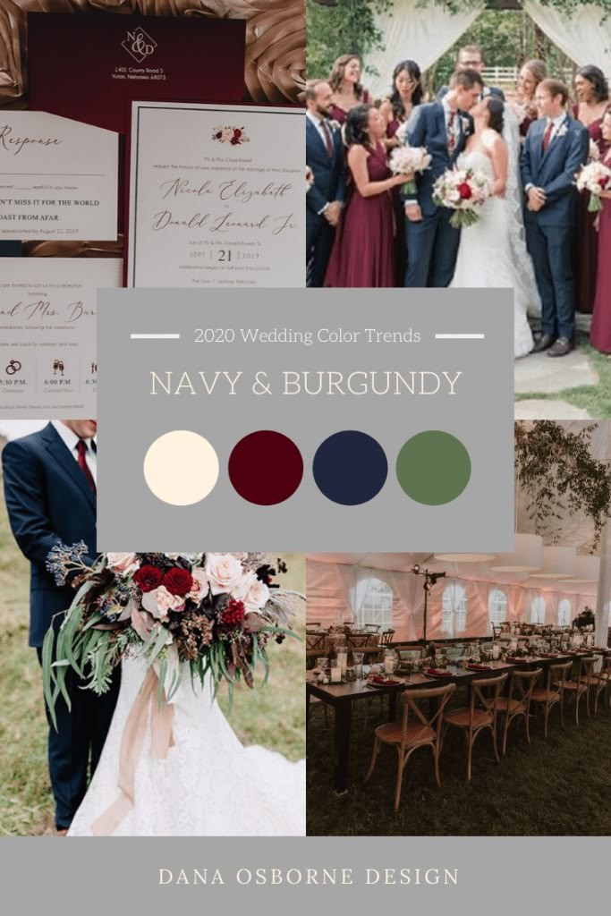 wedding color palettes for the navy and burgundy theme in this photo collage is from dana osborne designs