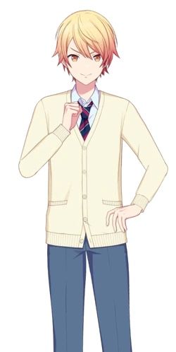 an anime character with blonde hair wearing a white sweater and blue pants, holding his hands on his hips