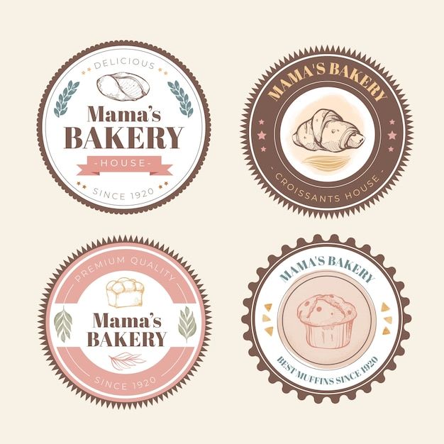 four labels for bakery with bread and pastry items in the middle one has a cupcake on it