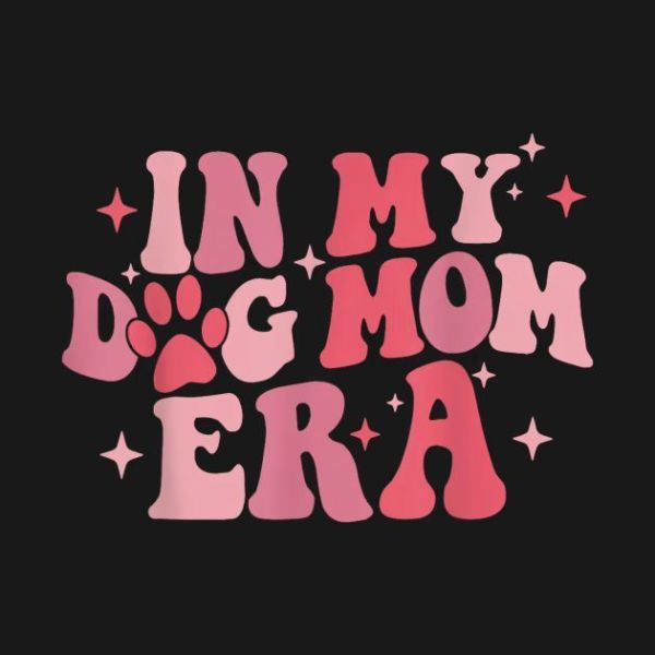 the words in my dog mom era are written with pink and black stars on a black background