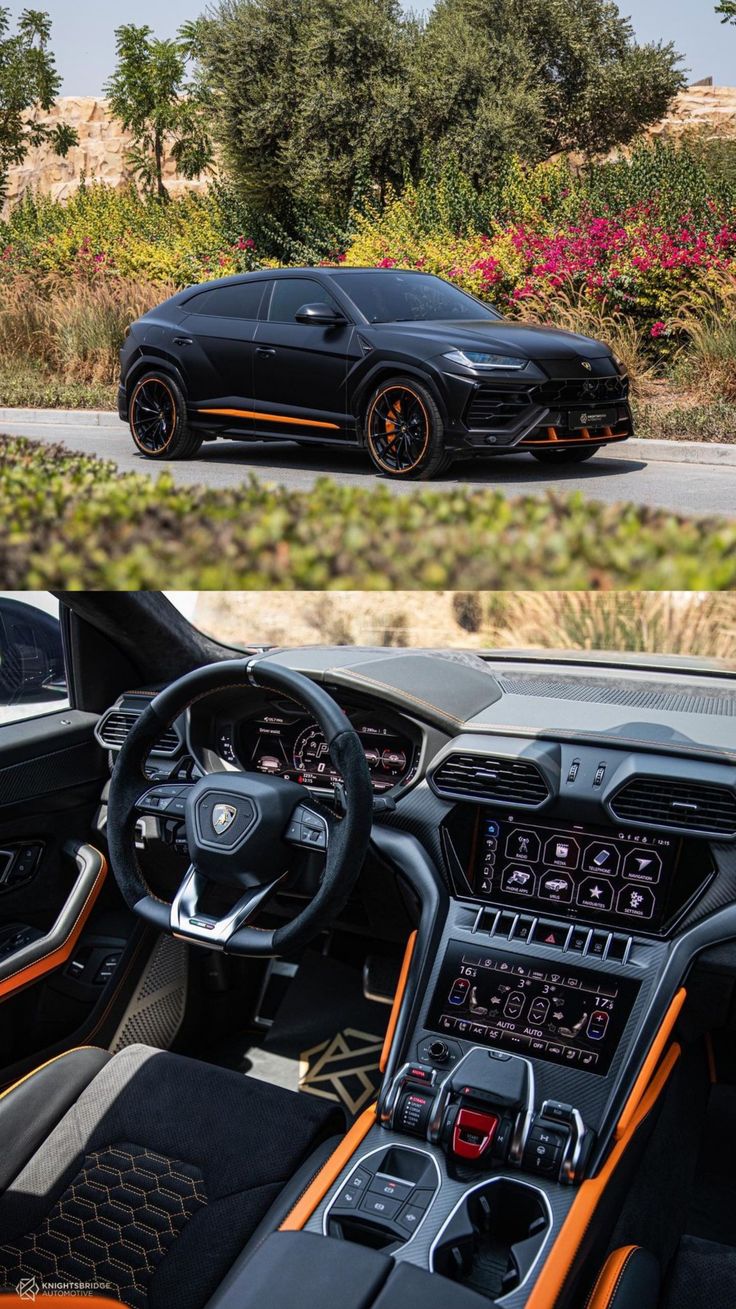 the inside and outside view of a black sports car with orange trims on it