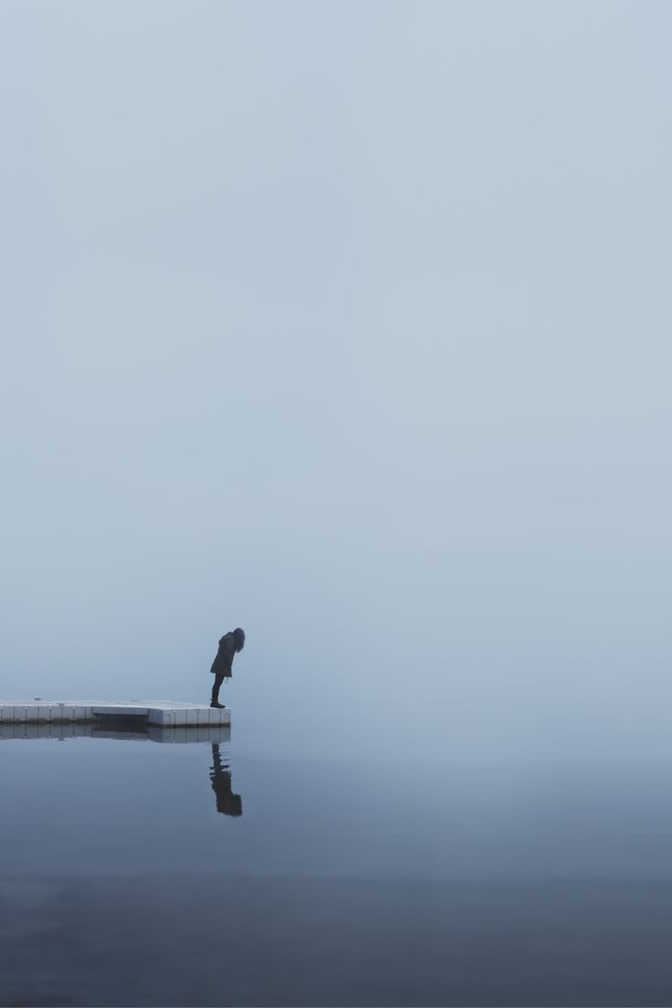 a lone bird standing on the edge of a body of water with fog in the background