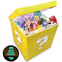 a yellow box filled with lots of little cartoon characters next to a question mark sticker