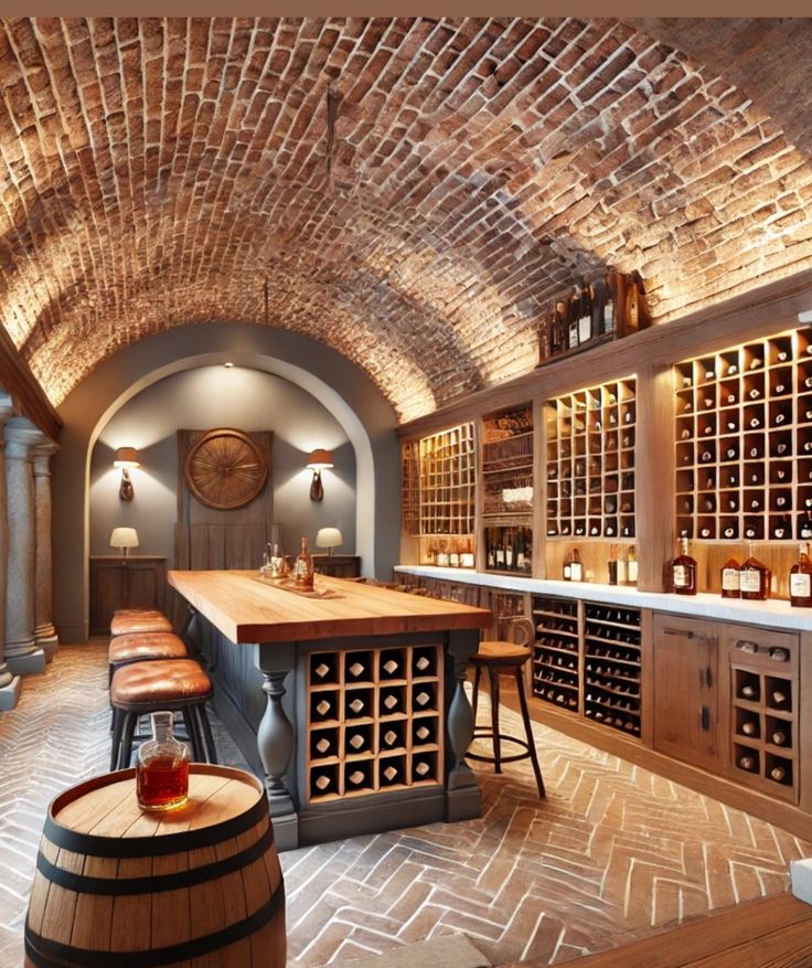 a wine cellar with lots of bottles and stools