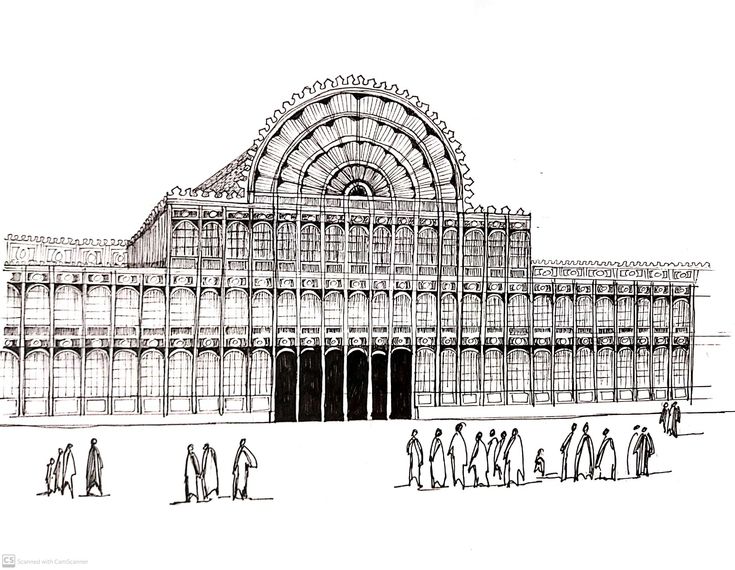 a drawing of people walking in front of a building with an ornate roof and arches