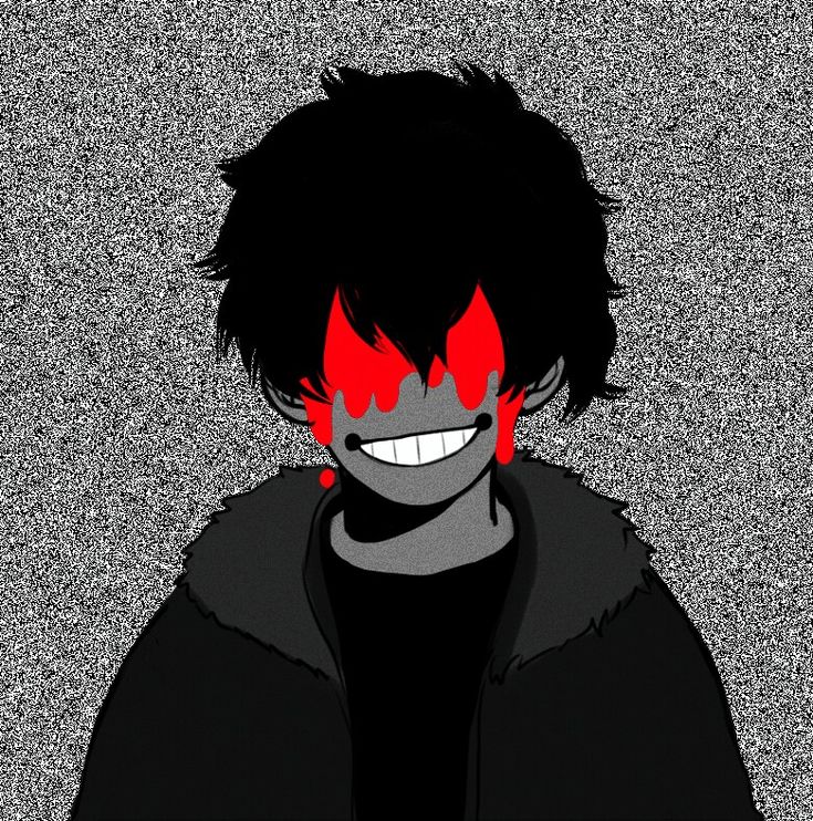 a drawing of a person with red eyes and black hair, smiling at the camera