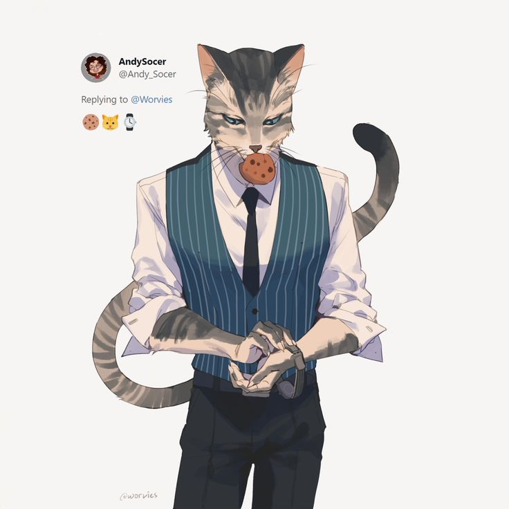 a cat wearing a suit and tie with a cookie in its mouth