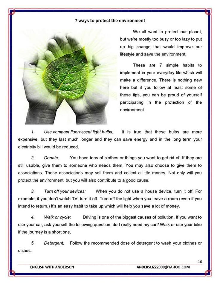 a hand holding a green leaf with the words, 7 ways to protect the environment