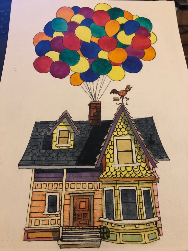 a drawing of a house with balloons flying over it