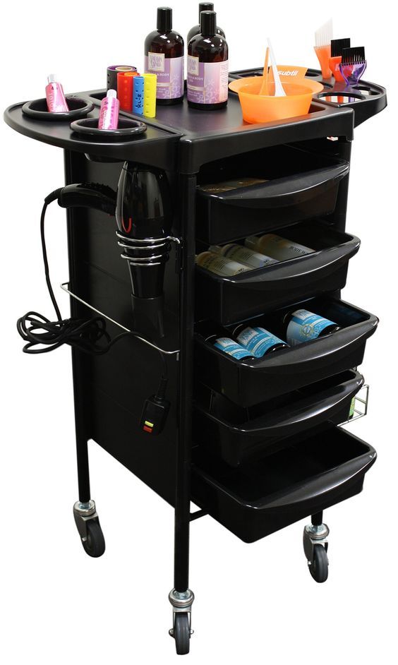 a black cart with bottles and other items on it