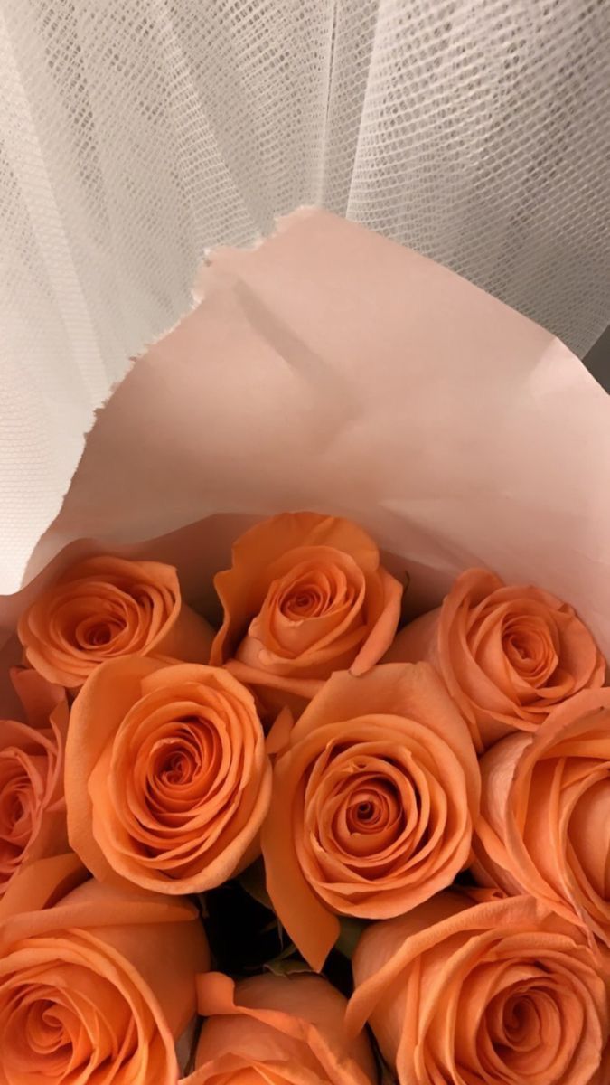 a bouquet of orange roses in a white paper bag