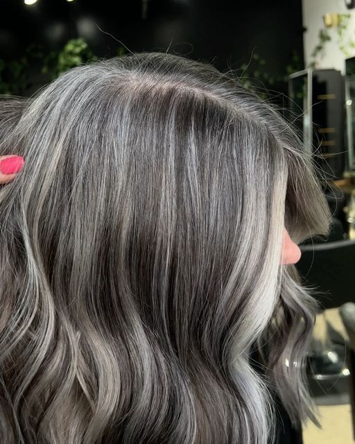 Ash Grey Toner Formula, Low Lights Platinum Hair, Partial Highlights Grey Blending, Money Piece Grey Blending, Grey Hair Ideas Going Gray, Grey Blending Babylights, Salt And Pepper Balayage, Grey Hair Coverage Ideas For Dark Hair, Brunette Hair With Silver Highlights