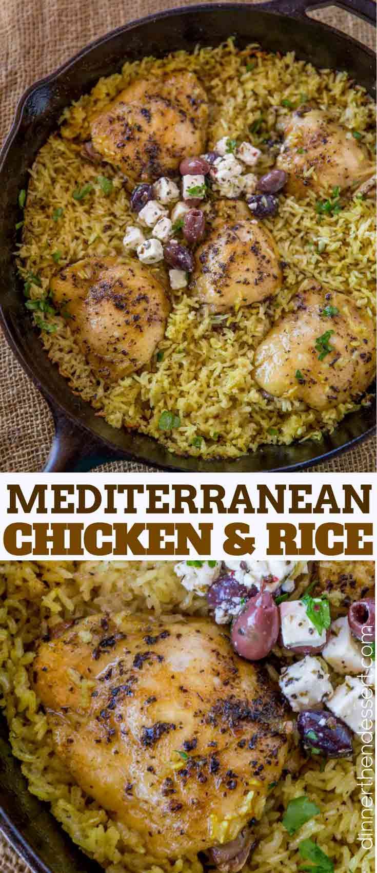 chicken and rice in a skillet with the words mediterranean chicken and rice on it