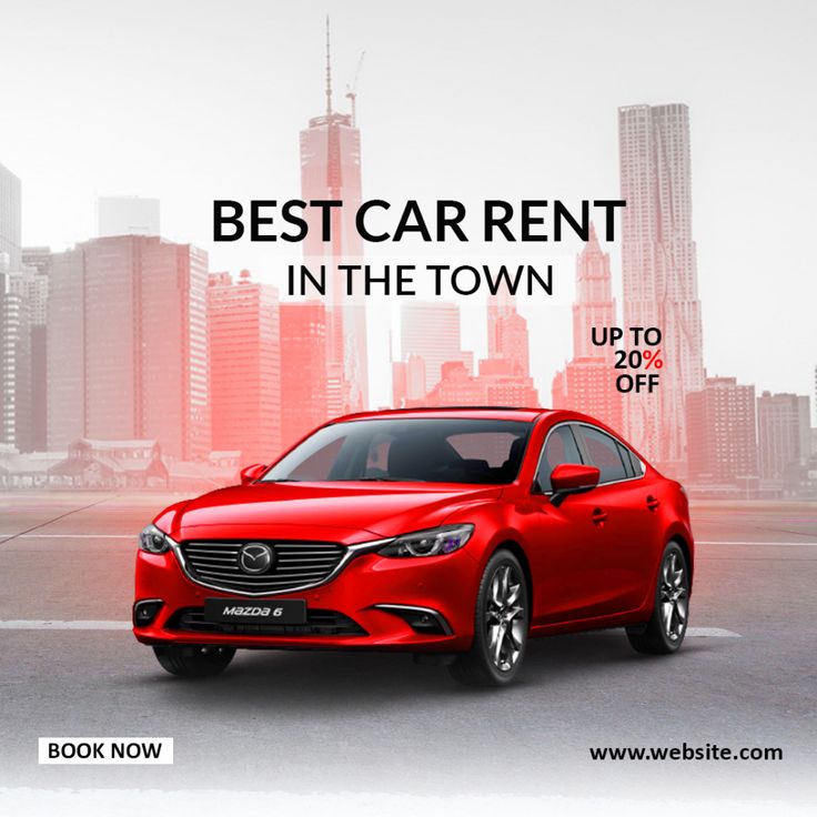 a red car is parked in front of a cityscape with the words best car rent in the town up to 20 % off