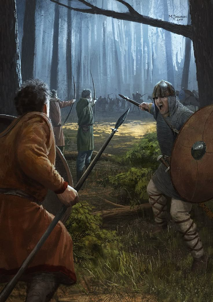 two men in the woods with spears and shields, one holding a shield while another holds his arm out