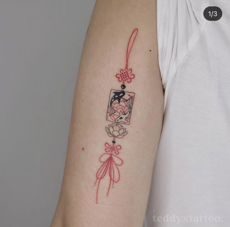 a woman's arm with a tattoo on it that has an image of a cat and flowers