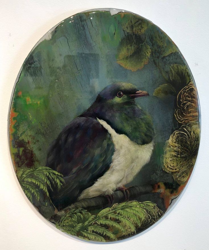 a painting of a bird sitting on top of a green leafy tree branch in front of a white wall