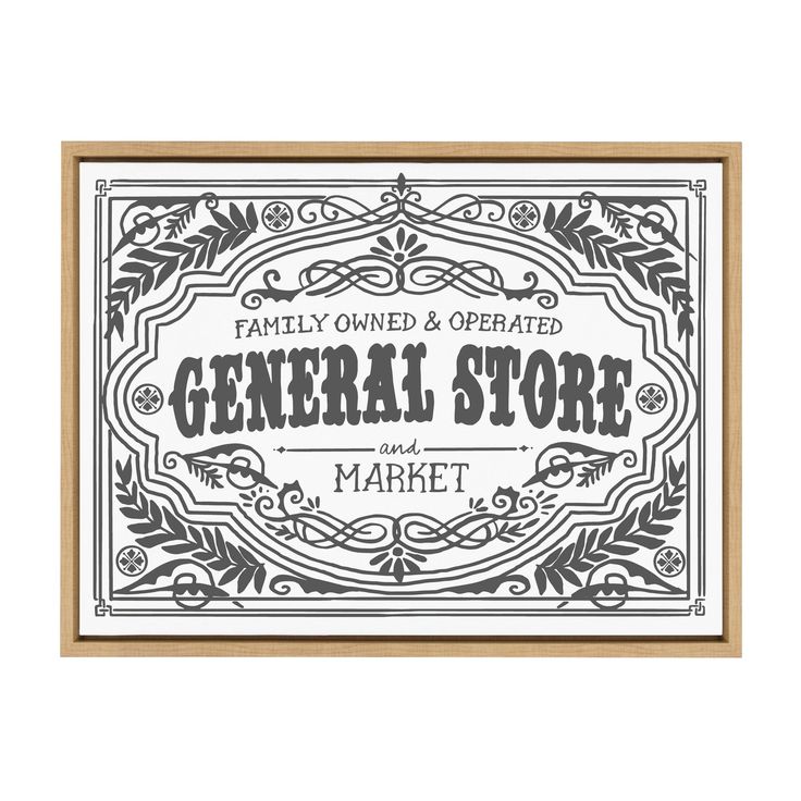 the general store and market sign is shown in black and white on a wood frame