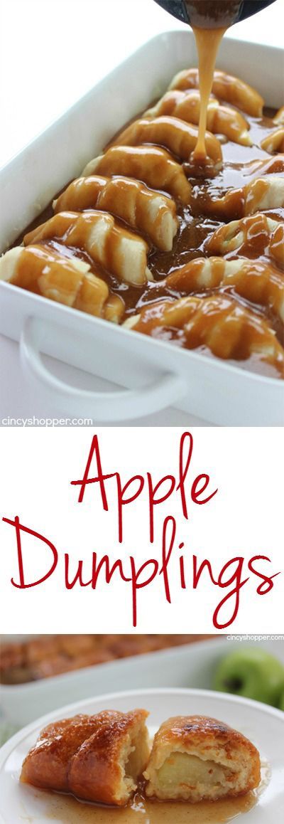 an apple dumpling is being drizzled with caramel sauce and served in a casserole dish