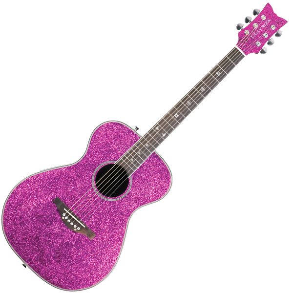 an acoustic guitar with pink glitter on it's body and fret, isolated against a white background