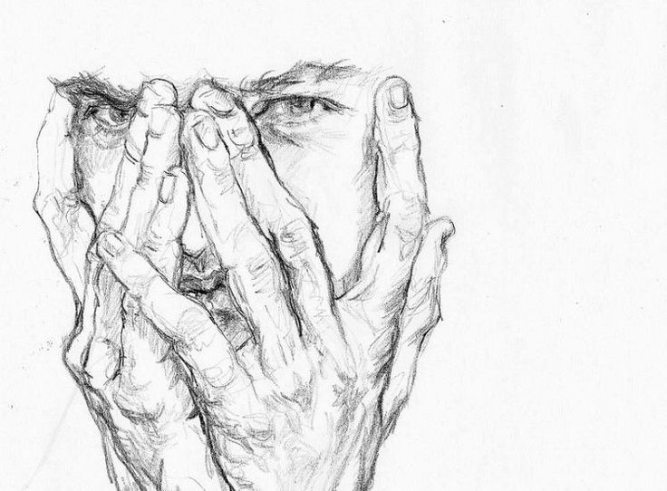 a drawing of two hands covering the face of a man's face with his hands