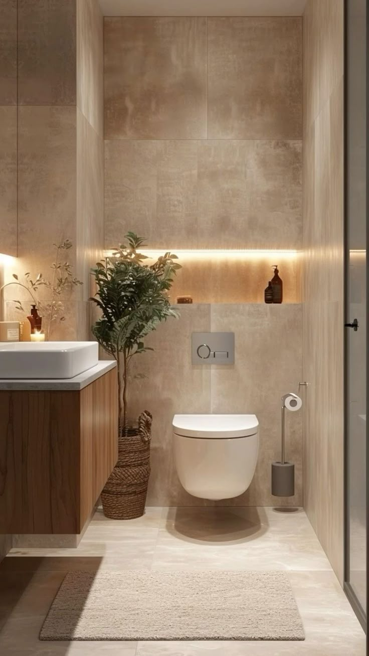 a bathroom with a toilet, sink and mirror on the wall next to a potted plant