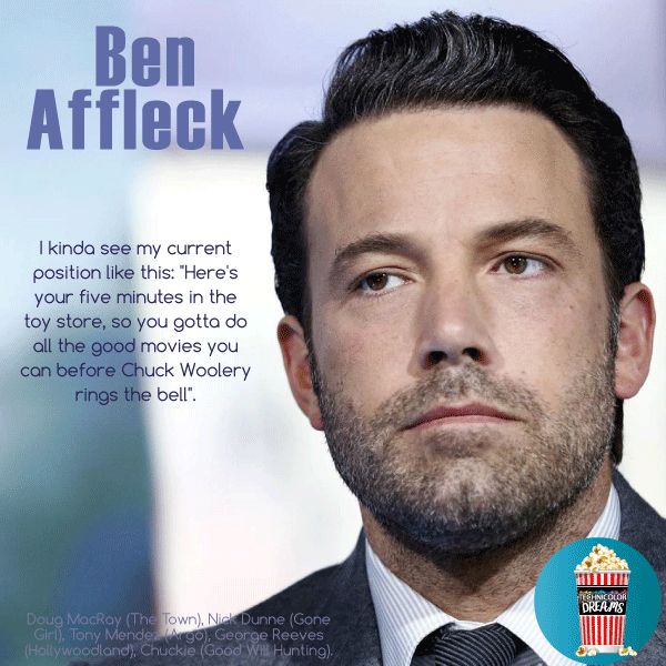 a man in a suit and tie is looking at the camera with an ad for ben affleck