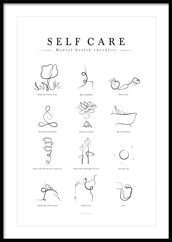 a black and white poster with the words self care in different languages, including an image of