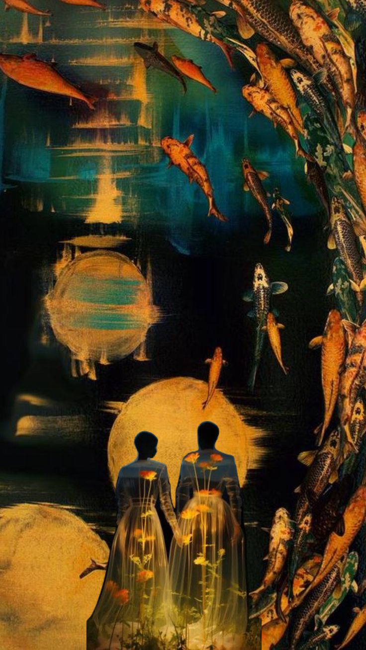 two people standing in front of a painting with fish on the water and trees around them