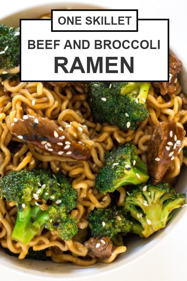 one skillet beef and broccoli ramen is shown in a white bowl