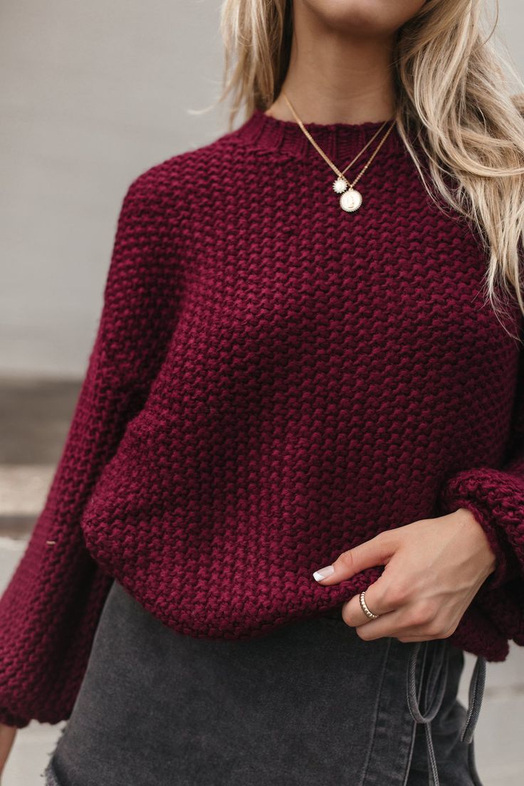 The Maisie Sweater features a soft knit material, ribbed hems & bishop sleeves. 100% Acrylic Hand Wash Cold, Flat Dry Burgundy Sweater Outfit, Burgundy Knit Sweater, Parisian Look, Beautiful Blonde Hair, Burgundy Sweater, New Hair Colors, Perfect Jeans, Light Sweater, Designer Jeans