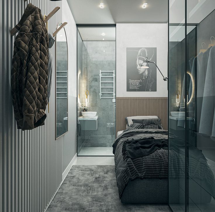 a bedroom with glass walls and a bed in the middle, next to a walk - in shower