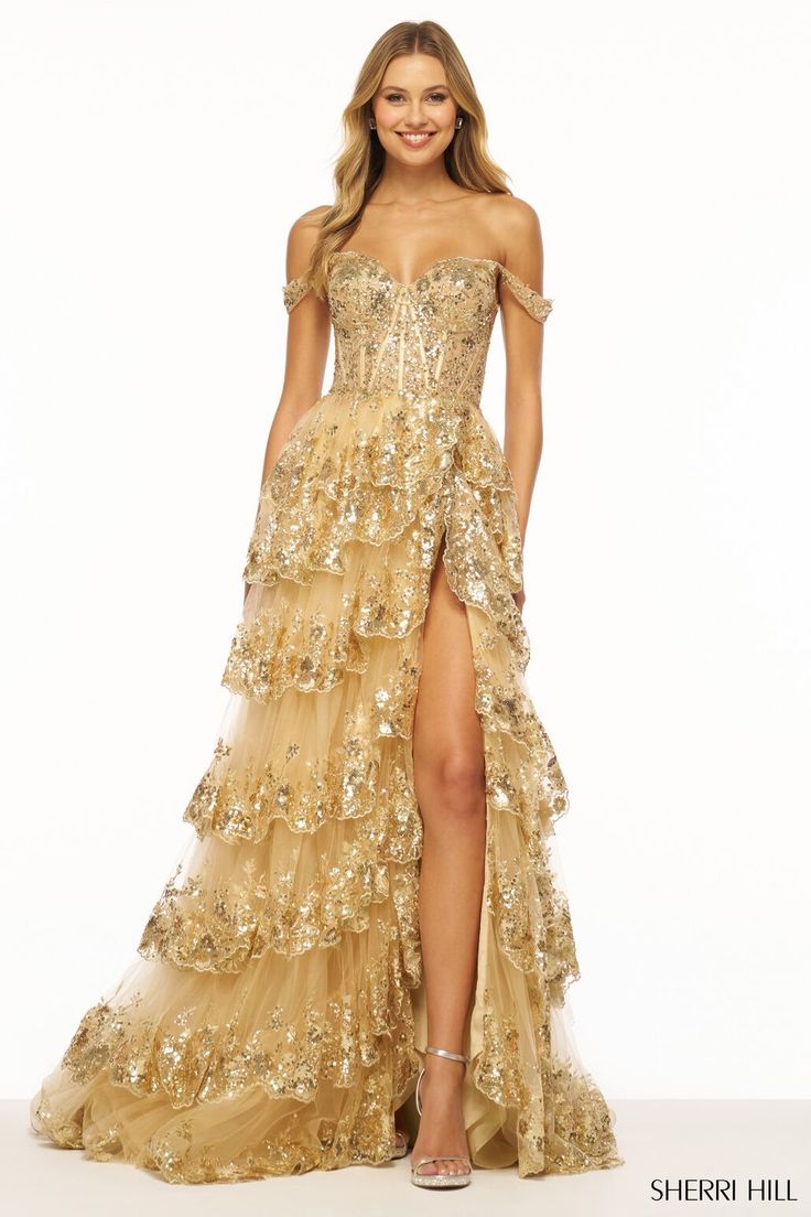 Sherri Hill 55500 Tulle Sequin Ruffle Corset A-Line Gown – B Chic Fashions Sherri Hill Gold Dress, Gold Prom Dress Sherri Hill, Sheri Hill 55500, Gold Tulle Prom Dress, Sherri Hill 55500, Gold Sherri Hill Dress, Gold Dress Gown, Sherry Hill, Gold Grad Dress