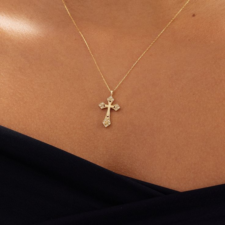 "1- P R O D U C T ∙ D E S C R I P T I O N This 14k gold cross necklace is a beautiful and timeless piece of jewelry, perfect for everyday wear or special occasions. The 14k gold material offers a stunning shine and durability, ensuring that this necklace will last for years to come. The cross design adds a touch of elegance and spirituality, making it a thoughtful gift for anyone who values faith. 2- P R O D U C T ∙ D E T A I L S Diamond quality: * Diamond carat: 0.06 ct. * Clarity: SI2 * Color: Cross Gold Necklace Womens, Real Gold Cross Necklace, Cross Necklace Womens Gold, Elegant Cross Necklace, Good Cross Necklace, The Cross Necklace, Real Gold Cross Necklace For Women, Dainty Cross Necklace Gold, Vintage Cross Jewelry