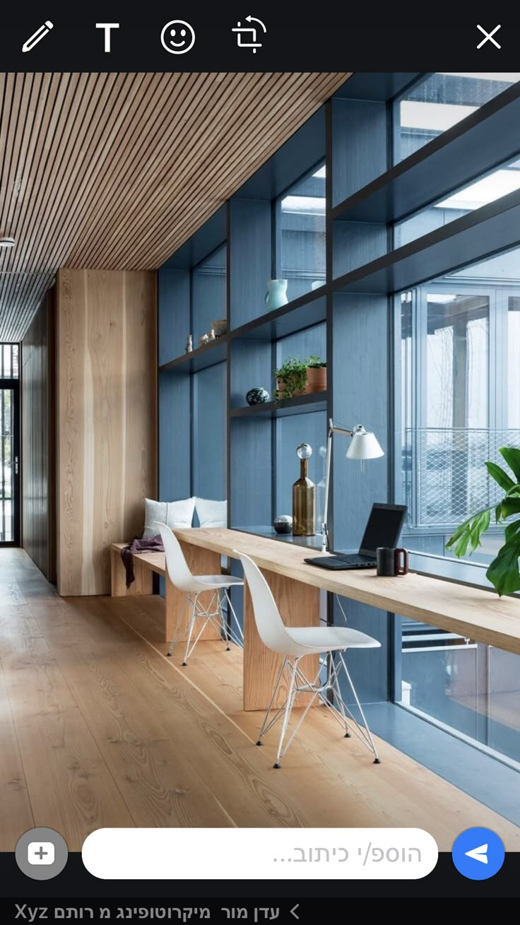 an office with blue walls and wooden flooring, two white chairs are facing the desk