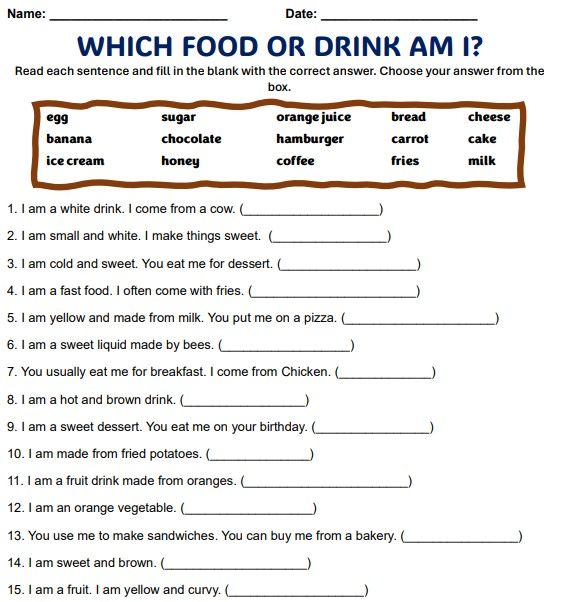 the food and drink question is shown in this printable worksheet for kids