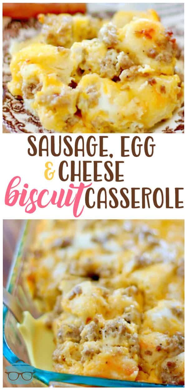 sausage, egg and cheese casserole in a glass baking dish with text overlay