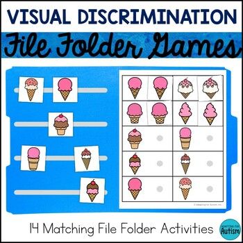 an ice cream themed file folder with the words, visual discrimination file folder games