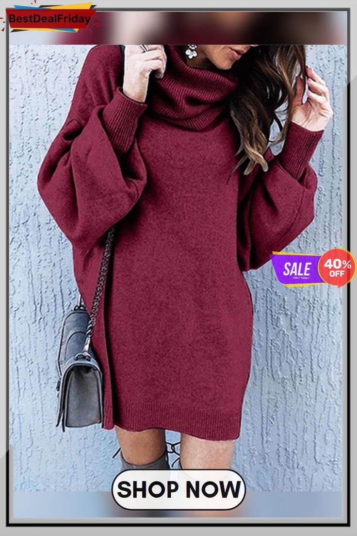 Casual Solid High Neck Loose Fit Lantern Sleeve Sweater Dress High Neck Sweater Dress, Plain Sweaters, Lantern Sleeve Sweater, Sweater Dress Casual, Mode Casual, Long Sleeve Casual Dress, High Neck Sweater, Mini Sweater Dress, Sweater Brands