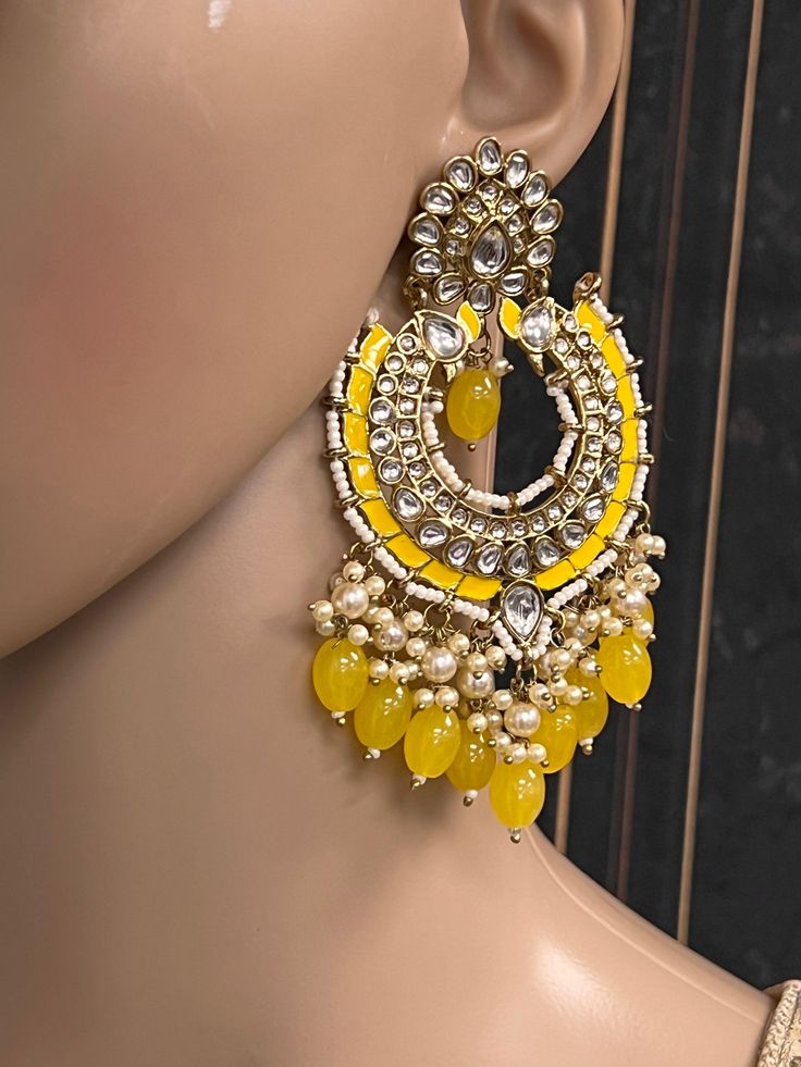 Jhumki earrings handmade jewelry from India Traditional Chandbali Earrings With Dangling Beads, Traditional Chandbali Jewelry With Dangling Beads, Yellow Round Temple Jewelry, Traditional Earrings With Dangling Beads For Celebration, Traditional Dangling Beads Earrings For Celebration, Temple Jewelry Earrings With Dangling Beads For Gift, Yellow Round Jewelry For Festivals, Yellow Round Meenakari Jewelry, Traditional Kundan Earrings With Dangling Beads