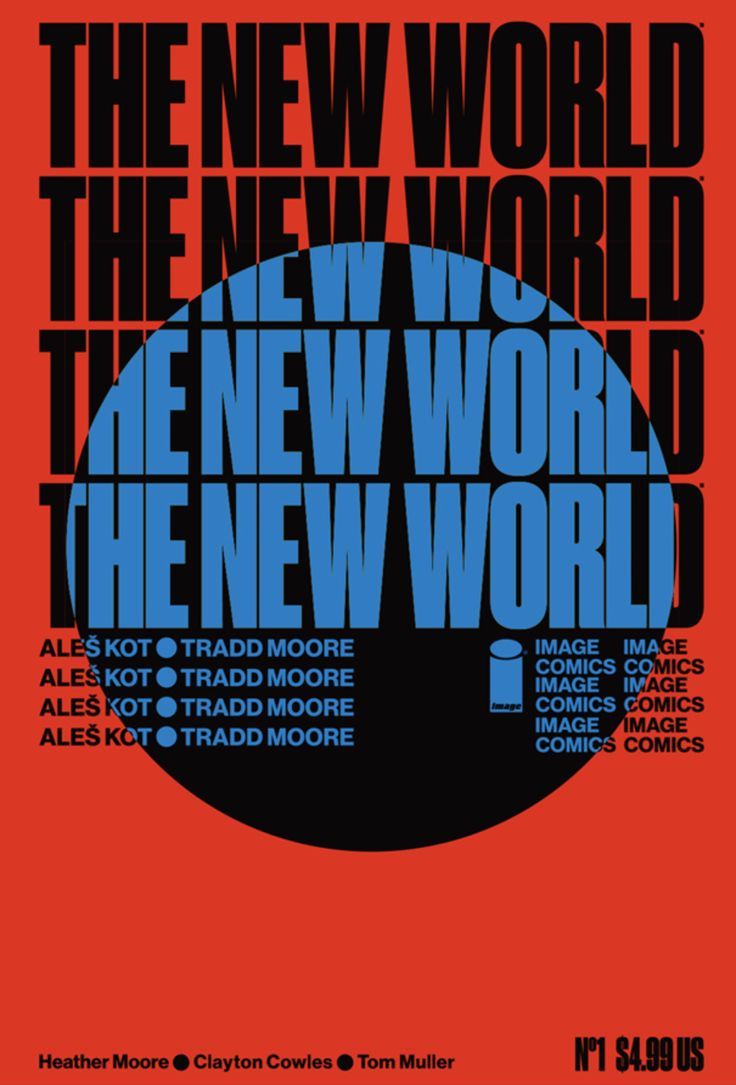 an advertisement for the new world in red, blue and black on a red background