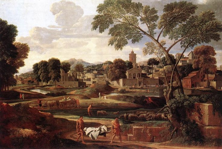 an old painting with people and animals in the foreground, near a town on a hill